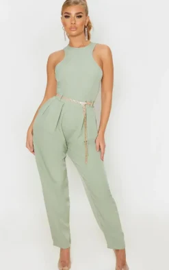 Sage Green Racer Back Pocket Detail Jumpsuit