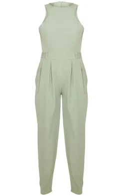 Sage Green Racer Back Pocket Detail Jumpsuit