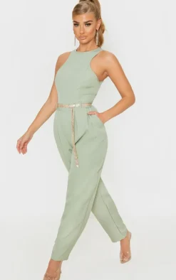 Sage Green Racer Back Pocket Detail Jumpsuit