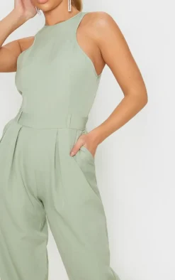 Sage Green Racer Back Pocket Detail Jumpsuit