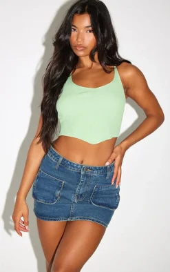 Sage Green Rib Knit Halterneck Cropped Bandeau