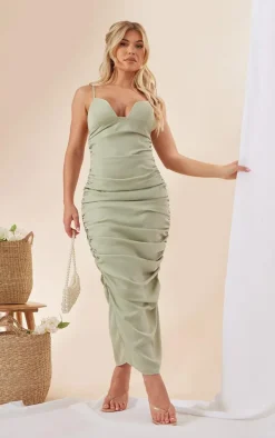 Sage Green Satin Bust Detail Strappy Ruched Midaxi Dress