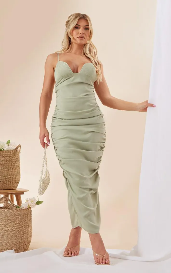 Sage Green Satin Bust Detail Strappy Ruched Midaxi Dress