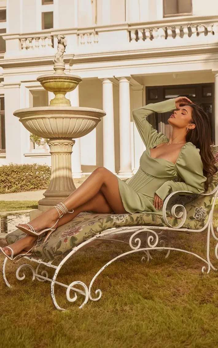 Sage Green Satin Corset Detail Puffball Skater Dress