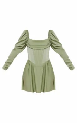 Sage Green Satin Corset Detail Puffball Skater Dress