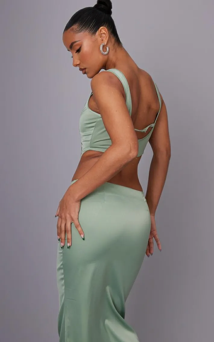 Sage Green Satin Floral Embroidered Corset