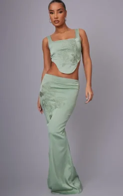 Sage Green Satin Floral Embroidered Corset