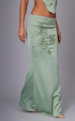 Sage Green Satin Floral Embroidered Midaxi Skirt