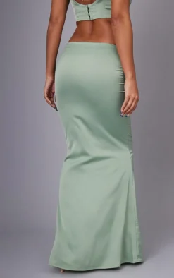 Sage Green Satin Floral Embroidered Midaxi Skirt