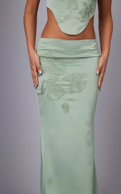 Sage Green Satin Floral Embroidered Midaxi Skirt