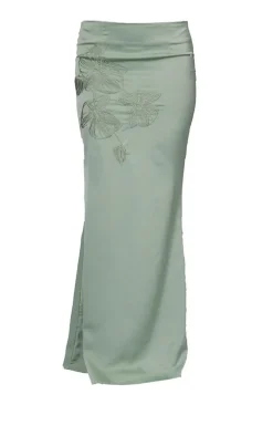 Sage Green Satin Floral Embroidered Midaxi Skirt