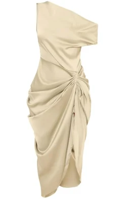 Sage Green Satin Off The Shoulder Draped Skirt Midi Dress