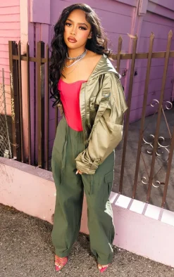 Sage Green Satin Oversized Hooded Pocket Bomber Jacket