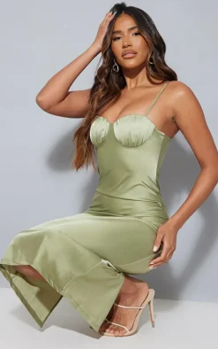 Sage Green Satin Ruched Cup Strappy Midi Dress