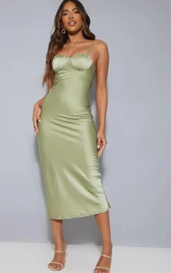 Sage Green Satin Ruched Cup Strappy Midi Dress