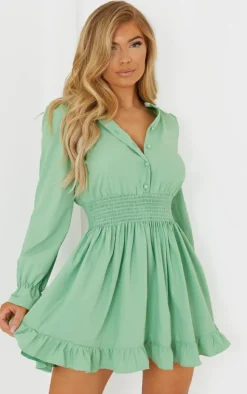 Sage Green Shirred Waist Shirt Dress