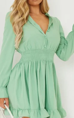 Sage Green Shirred Waist Shirt Dress