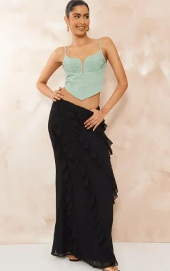 Sage Green Strappy Pleated Bust Corset Detail Crop Top