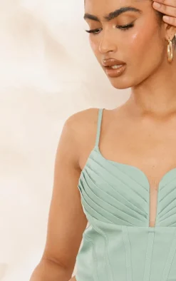 Sage Green Strappy Pleated Bust Corset Detail Crop Top