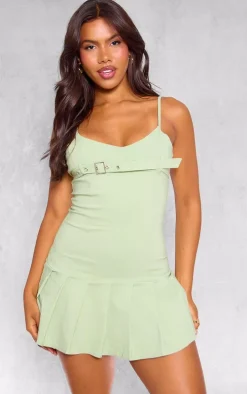 Sage Green Stretch Woven Buckle Pleated Shift Dress