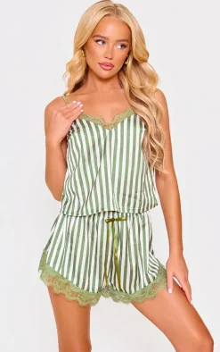 Sage Green Stripe Contrast Lace Satin Cami Short PJ Set