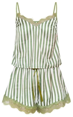 Sage Green Stripe Contrast Lace Satin Cami Short PJ Set