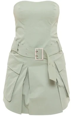Sage Green Tailored Woven Pocket Belted Bandeau Bodycon Dress