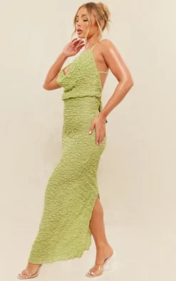 Sage Green Textured Cowl Cut Out Back Maxi Dress