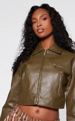 Sage Green Textured Faux Leather Minimal Biker Jacket