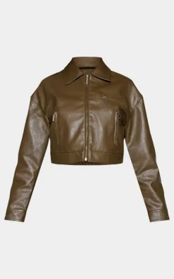 Sage Green Textured Faux Leather Minimal Biker Jacket