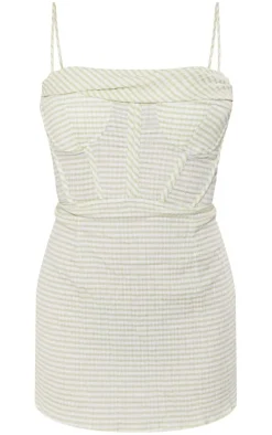 Sage Green Textured Stripe Corset Cowl Bodycon Dress