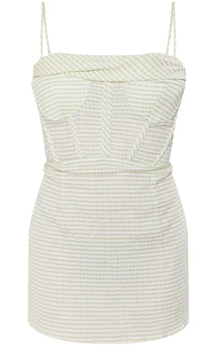 Sage Green Textured Stripe Corset Cowl Bodycon Dress