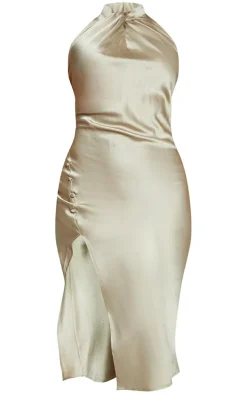 Sage Green Twist Neck Button Detail Satin Midi Dress