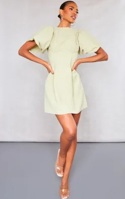 Sage Green Underwired Corset Puff Sleeve Shift Dress