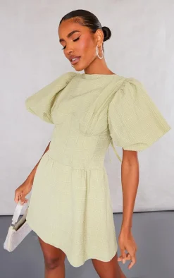 Sage Green Underwired Corset Puff Sleeve Shift Dress