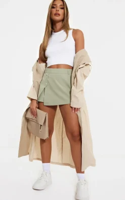 Sage Green Woven Button Detail Mini Skort