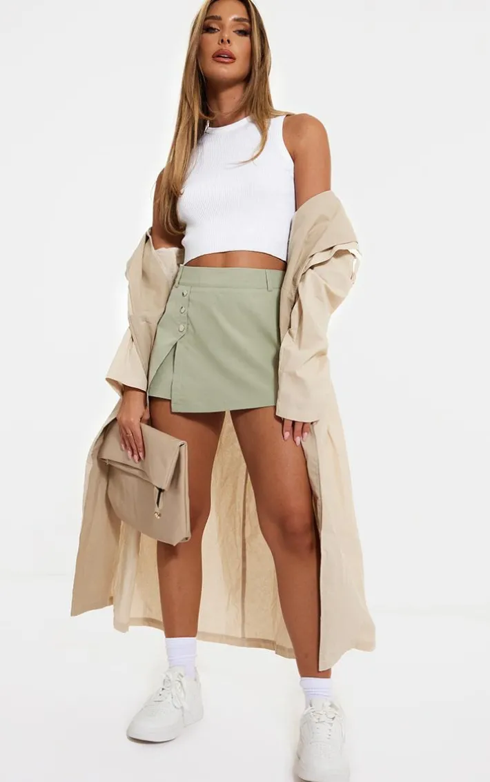 Sage Green Woven Button Detail Mini Skort