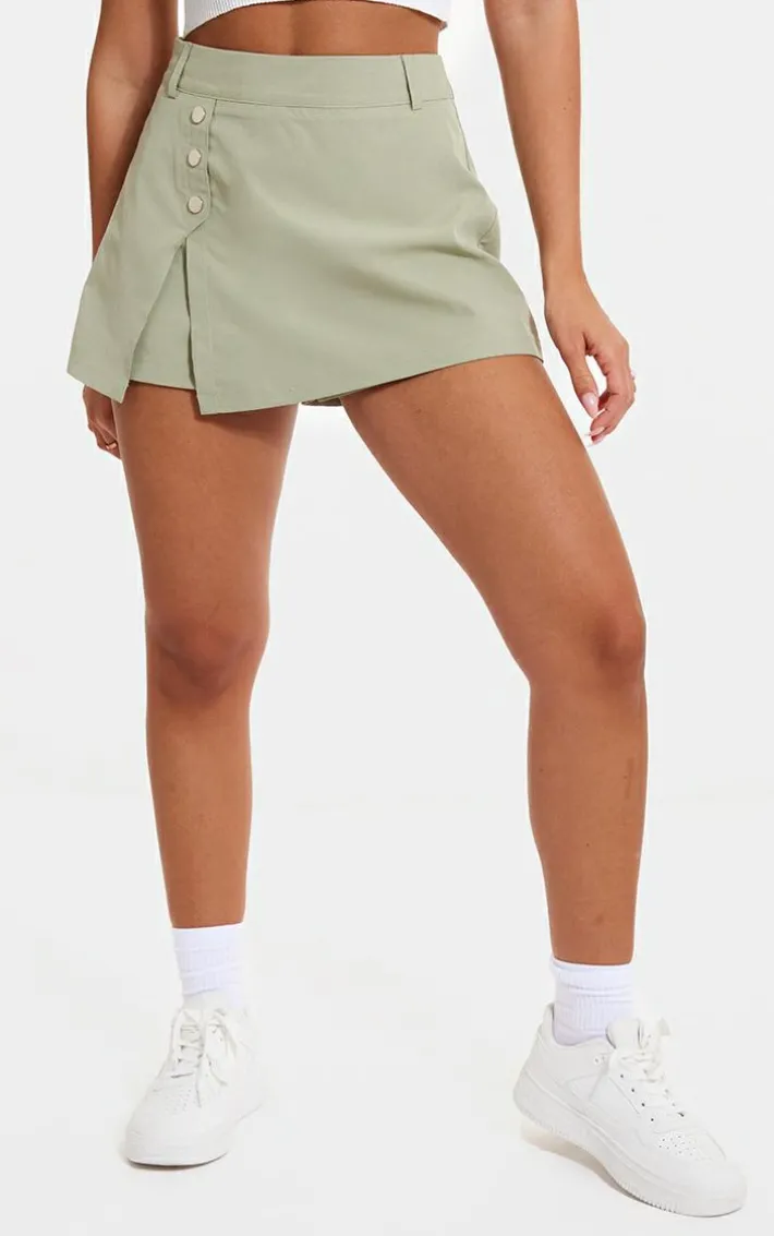 Sage Green Woven Button Detail Mini Skort