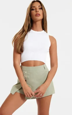 Sage Green Woven Button Detail Mini Skort