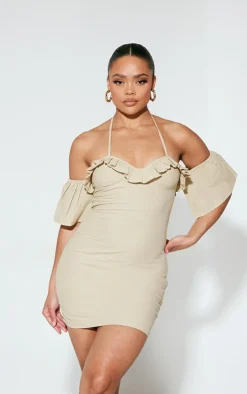 Sage Green Woven Frill Bardot Halter Cut Out Shift Dress