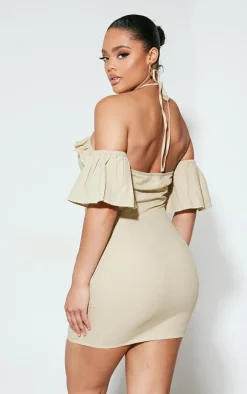 Sage Green Woven Frill Bardot Halter Cut Out Shift Dress