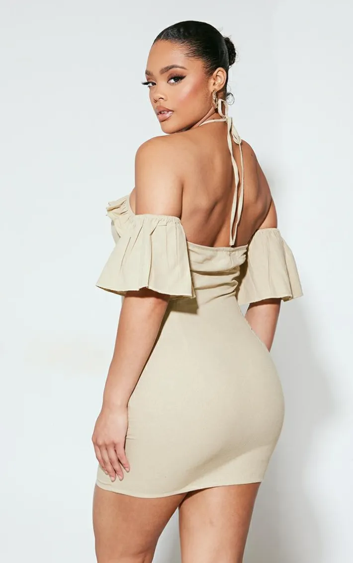 Sage Green Woven Frill Bardot Halter Cut Out Shift Dress