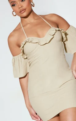 Sage Green Woven Frill Bardot Halter Cut Out Shift Dress