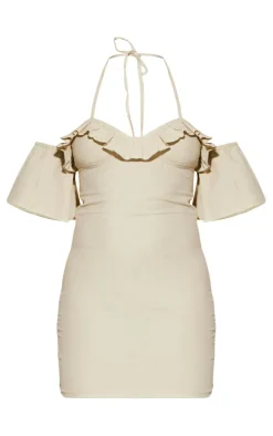 Sage Green Woven Frill Bardot Halter Cut Out Shift Dress