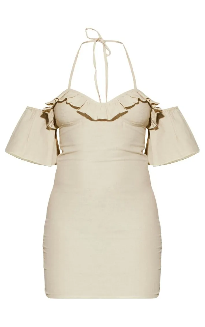 Sage Green Woven Frill Bardot Halter Cut Out Shift Dress