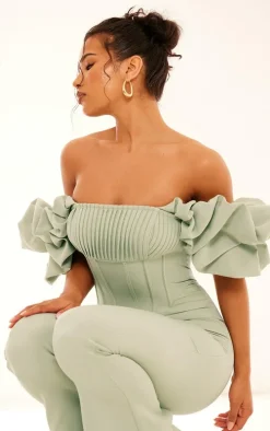 Sage Green Woven Pleated Corset Detail Bardot Frill Jumpsuit
