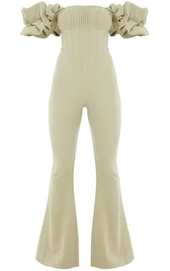 Sage Green Woven Pleated Corset Detail Bardot Frill Jumpsuit