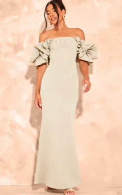 Sage Green Woven Pleated Corset Detail Frill Maxi Dress