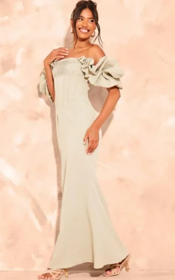 Sage Green Woven Pleated Corset Detail Frill Maxi Dress