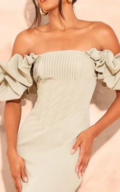 Sage Green Woven Pleated Corset Detail Frill Maxi Dress